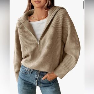 BTFBM Women’s Long Sleeve Half Zip Pullover Sweater Ribbed Knitted Large beige